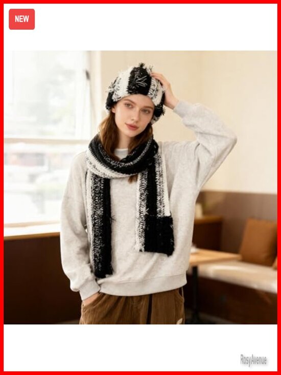 Chunky Crochet Beanie Casual Cuffed Winter Hat with Boho Tassel Knot
